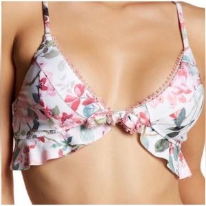 floral pink crotchet trim tie front ruffle bikini swim top S| coquette romantic